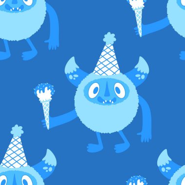 Kış canavarları, kağıt, kumaş, çarşaf ve çocuk giysileri baskısı ve yeni yıl ambalajı için kusursuz Noel Yeti desenleri. Yüksek kaliteli illüstrasyon