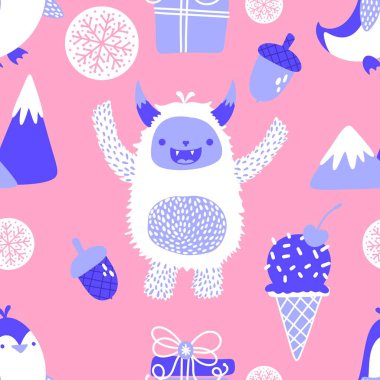 Kış canavarları, kağıt, kumaş, çarşaf ve çocuk giysileri baskısı ve yeni yıl ambalajı için kusursuz Noel Yeti desenleri. Yüksek kaliteli illüstrasyon