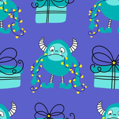 Kış canavarları, kağıt, kumaş, çarşaf ve çocuk giysileri baskısı ve yeni yıl ambalajı için kusursuz Noel Yeti desenleri. Yüksek kaliteli illüstrasyon