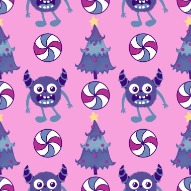 Kış canavarları, kağıt, kumaş, çarşaf ve çocuk giysileri baskısı ve yeni yıl ambalajı için kusursuz Noel Yeti desenleri. Yüksek kaliteli illüstrasyon