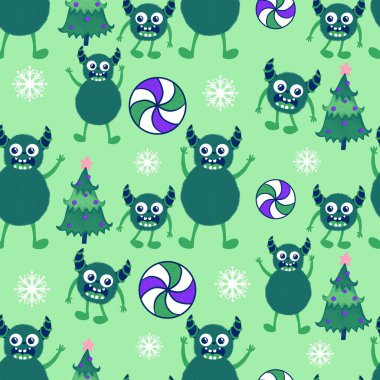 Kış canavarları, kağıt, kumaş, çarşaf ve çocuk giysileri baskısı ve yeni yıl ambalajı için kusursuz Noel Yeti desenleri. Yüksek kaliteli illüstrasyon