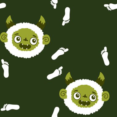 Kış canavarları, kağıt, kumaş, çarşaf ve çocuk giysileri baskısı ve yeni yıl ambalajı için kusursuz Noel Yeti desenleri. Yüksek kaliteli illüstrasyon