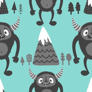 Kış canavarları, kağıt, kumaş, çarşaf ve çocuk giysileri baskısı ve yeni yıl ambalajı için kusursuz Noel Yeti desenleri. Yüksek kaliteli illüstrasyon