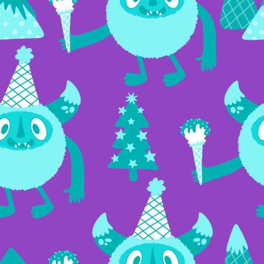 Kış canavarları, kağıt, kumaş, çarşaf ve çocuk giysileri baskısı ve yeni yıl ambalajı için kusursuz Noel Yeti desenleri. Yüksek kaliteli illüstrasyon