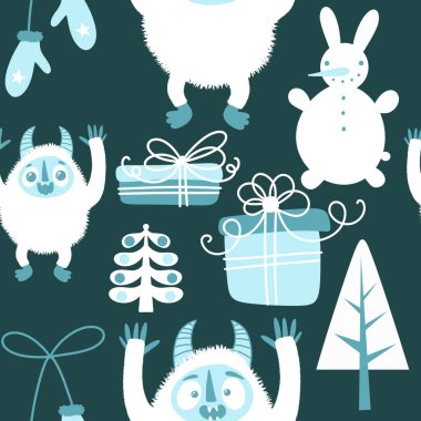 Kış canavarları, kağıt, kumaş, çarşaf ve çocuk giysileri baskısı ve yeni yıl ambalajı için kusursuz Noel Yeti desenleri. Yüksek kaliteli illüstrasyon