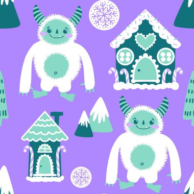 Kış canavarları, kağıt, kumaş, çarşaf ve çocuk giysileri baskısı ve yeni yıl ambalajı için kusursuz Noel Yeti desenleri. Yüksek kaliteli illüstrasyon