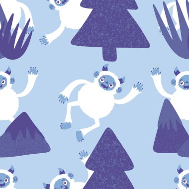 Kış canavarları, kağıt, kumaş, çarşaf ve çocuk giysileri baskısı ve yeni yıl ambalajı için kusursuz Noel Yeti desenleri. Yüksek kaliteli illüstrasyon