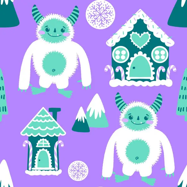 Kış canavarları, kağıt, kumaş, çarşaf ve çocuk giysileri baskısı ve yeni yıl ambalajı için kusursuz Noel Yeti desenleri. Yüksek kaliteli illüstrasyon