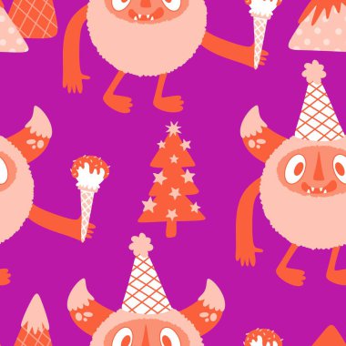 Kış canavarları, kağıt, kumaş, çarşaf ve çocuk giysileri baskısı ve yeni yıl ambalajı için kusursuz Noel Yeti desenleri. Yüksek kaliteli illüstrasyon