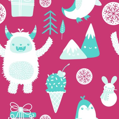 Kış canavarları, kağıt, kumaş, çarşaf ve çocuk giysileri baskısı ve yeni yıl ambalajı için kusursuz Noel Yeti desenleri. Yüksek kaliteli illüstrasyon