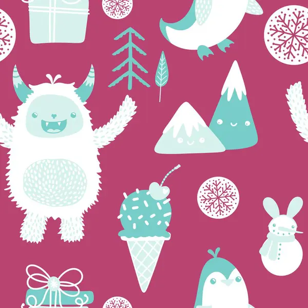 Kış canavarları, kağıt, kumaş, çarşaf ve çocuk giysileri baskısı ve yeni yıl ambalajı için kusursuz Noel Yeti desenleri. Yüksek kaliteli illüstrasyon