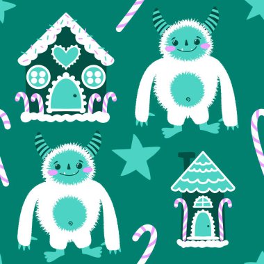 Kış canavarları, kağıt, kumaş, çarşaf ve çocuk giysileri baskısı ve yeni yıl ambalajı için kusursuz Noel Yeti desenleri. Yüksek kaliteli illüstrasyon