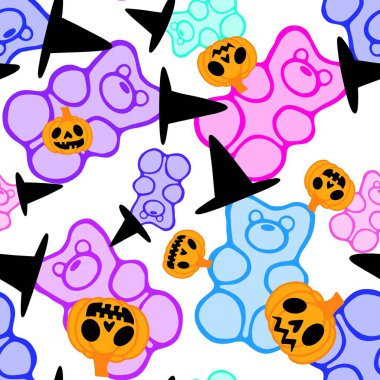 Çizgi film cadılar bayramı şekersiz kafatası ve kumaş ambalajı için lolipop deseni ve çocuk giysileri baskısı ve şenlik ambalajı ve sonbahar aksesuarları. Yüksek kaliteli illüstrasyon