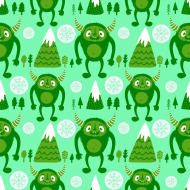 Kış canavarları, kağıt, kumaş, çarşaf ve çocuk giysileri baskısı ve yeni yıl ambalajı için kusursuz Noel Yeti desenleri. Yüksek kaliteli illüstrasyon