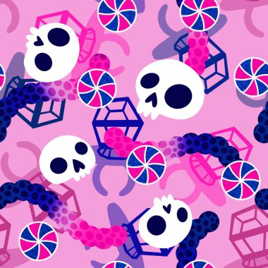 Çizgi film cadılar bayramı şekersiz kafatası ve kumaş ambalajı için lolipop deseni ve çocuk giysileri baskısı ve şenlik ambalajı ve sonbahar aksesuarları. Yüksek kaliteli illüstrasyon