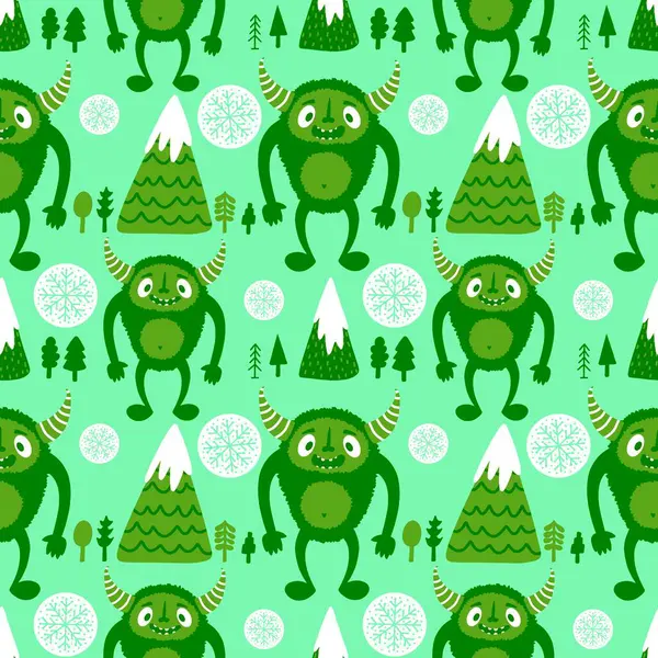 Kış canavarları, kağıt, kumaş, çarşaf ve çocuk giysileri baskısı ve yeni yıl ambalajı için kusursuz Noel Yeti desenleri. Yüksek kaliteli illüstrasyon