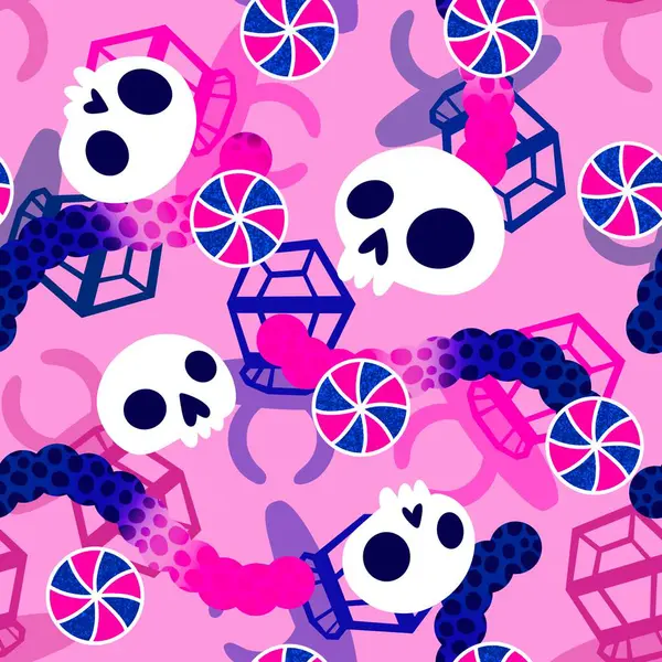 Çizgi film cadılar bayramı şekersiz kafatası ve kumaş ambalajı için lolipop deseni ve çocuk giysileri baskısı ve şenlik ambalajı ve sonbahar aksesuarları. Yüksek kaliteli illüstrasyon