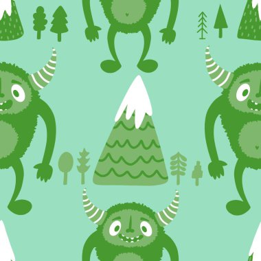 Kış canavarları, kağıt, kumaş, çarşaf ve çocuk giysileri baskısı ve yeni yıl ambalajı için kusursuz Noel Yeti desenleri. Yüksek kaliteli illüstrasyon
