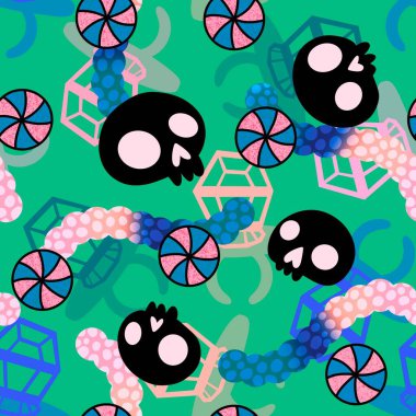 Çizgi film cadılar bayramı şekersiz kafatası ve kumaş ambalajı için lolipop deseni ve çocuk giysileri baskısı ve şenlik ambalajı ve sonbahar aksesuarları. Yüksek kaliteli illüstrasyon