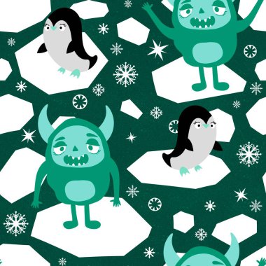 Kış canavarları, kağıt, kumaş, çarşaf ve çocuk giysileri baskısı ve yeni yıl ambalajı için kusursuz Noel Yeti desenleri. Yüksek kaliteli illüstrasyon