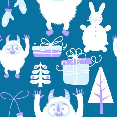 Kış canavarları, kağıt, kumaş, çarşaf ve çocuk giysileri baskısı ve yeni yıl ambalajı için kusursuz Noel Yeti desenleri. Yüksek kaliteli illüstrasyon