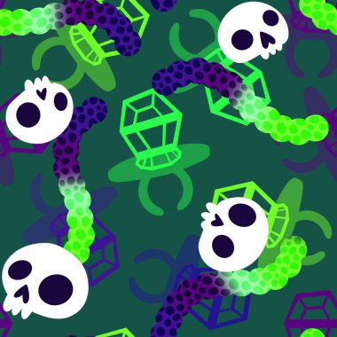 Çizgi film cadılar bayramı şekersiz kafatası ve kumaş ambalajı için lolipop deseni ve çocuk giysileri baskısı ve şenlik ambalajı ve sonbahar aksesuarları. Yüksek kaliteli illüstrasyon