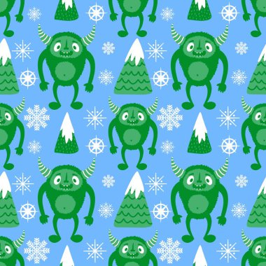 Kış canavarları, kağıt, kumaş, çarşaf ve çocuk giysileri baskısı ve yeni yıl ambalajı için kusursuz Noel Yeti desenleri. Yüksek kaliteli illüstrasyon