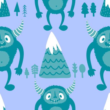 Kış canavarları, kağıt, kumaş, çarşaf ve çocuk giysileri baskısı ve yeni yıl ambalajı için kusursuz Noel Yeti desenleri. Yüksek kaliteli illüstrasyon