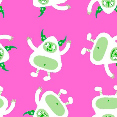 Kış canavarları, kağıt, kumaş, çarşaf ve çocuk giysileri baskısı ve yeni yıl ambalajı için kusursuz Noel Yeti desenleri. Yüksek kaliteli illüstrasyon