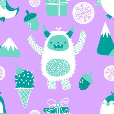 Kış canavarları, kağıt, kumaş, çarşaf ve çocuk giysileri baskısı ve yeni yıl ambalajı için kusursuz Noel Yeti desenleri. Yüksek kaliteli illüstrasyon