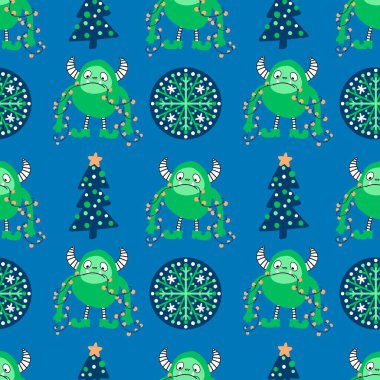 Kış canavarları, kağıt, kumaş, çarşaf ve çocuk giysileri baskısı ve yeni yıl ambalajı için kusursuz Noel Yeti desenleri. Yüksek kaliteli illüstrasyon