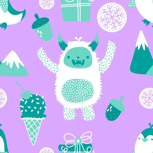 Kış canavarları, kağıt, kumaş, çarşaf ve çocuk giysileri baskısı ve yeni yıl ambalajı için kusursuz Noel Yeti desenleri. Yüksek kaliteli illüstrasyon