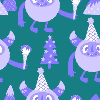 Kış canavarları, kağıt, kumaş, çarşaf ve çocuk giysileri baskısı ve yeni yıl ambalajı için kusursuz Noel Yeti desenleri. Yüksek kaliteli illüstrasyon