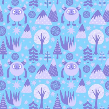 Kış canavarları, kağıt, kumaş, çarşaf ve çocuk giysileri baskısı ve yeni yıl ambalajı için kusursuz Noel Yeti desenleri. Yüksek kaliteli illüstrasyon