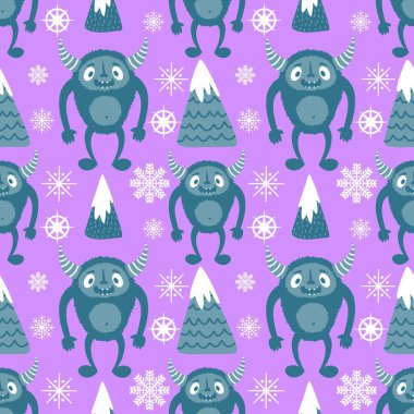 Kış canavarları, kağıt, kumaş, çarşaf ve çocuk giysileri baskısı ve yeni yıl ambalajı için kusursuz Noel Yeti desenleri. Yüksek kaliteli illüstrasyon