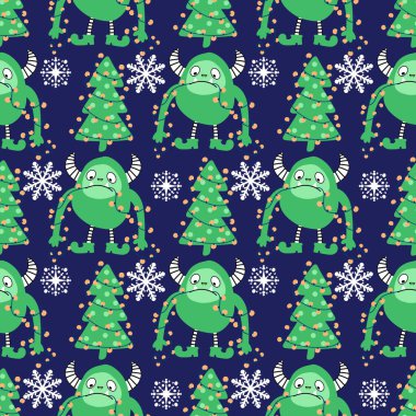 Kış canavarları, kağıt, kumaş, çarşaf ve çocuk giysileri baskısı ve yeni yıl ambalajı için kusursuz Noel Yeti desenleri. Yüksek kaliteli illüstrasyon