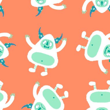 Kış canavarları, kağıt, kumaş, çarşaf ve çocuk giysileri baskısı ve yeni yıl ambalajı için kusursuz Noel Yeti desenleri. Yüksek kaliteli illüstrasyon