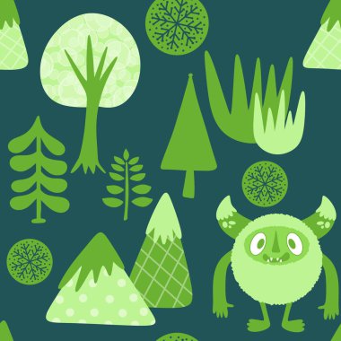 Kış canavarları, kağıt, kumaş, çarşaf ve çocuk giysileri baskısı ve yeni yıl ambalajı için kusursuz Noel Yeti desenleri. Yüksek kaliteli illüstrasyon