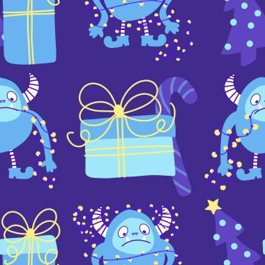 Kış canavarları, kağıt, kumaş, çarşaf ve çocuk giysileri baskısı ve yeni yıl ambalajı için kusursuz Noel Yeti desenleri. Yüksek kaliteli illüstrasyon