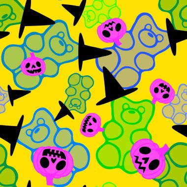 Çizgi film cadılar bayramı şekersiz kafatası ve kumaş ambalajı için lolipop deseni ve çocuk giysileri baskısı ve şenlik ambalajı ve sonbahar aksesuarları. Yüksek kaliteli illüstrasyon