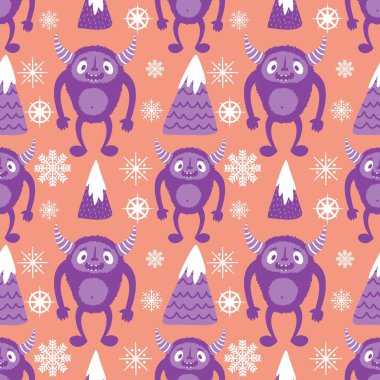 Kış canavarları, kağıt, kumaş, çarşaf ve çocuk giysileri baskısı ve yeni yıl ambalajı için kusursuz Noel Yeti desenleri. Yüksek kaliteli illüstrasyon