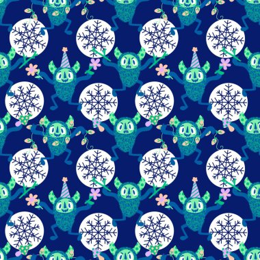 Kış canavarları, kağıt, kumaş, çarşaf ve çocuk giysileri baskısı ve yeni yıl ambalajı için kusursuz Noel Yeti desenleri. Yüksek kaliteli illüstrasyon