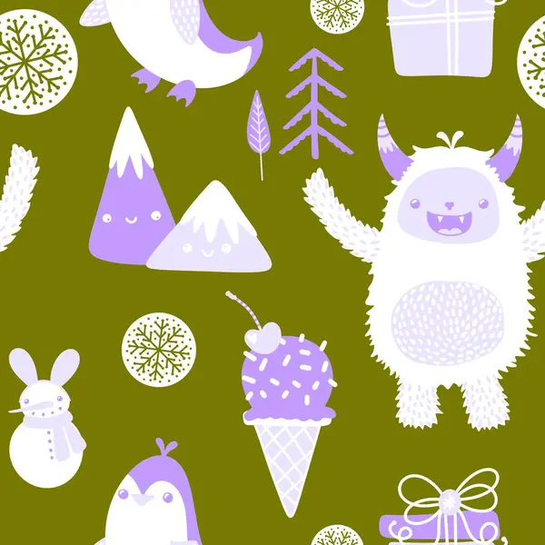 Kış canavarları, kağıt, kumaş, çarşaf ve çocuk giysileri baskısı ve yeni yıl ambalajı için kusursuz Noel Yeti desenleri. Yüksek kaliteli illüstrasyon