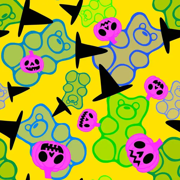 Çizgi film cadılar bayramı şekersiz kafatası ve kumaş ambalajı için lolipop deseni ve çocuk giysileri baskısı ve şenlik ambalajı ve sonbahar aksesuarları. Yüksek kaliteli illüstrasyon