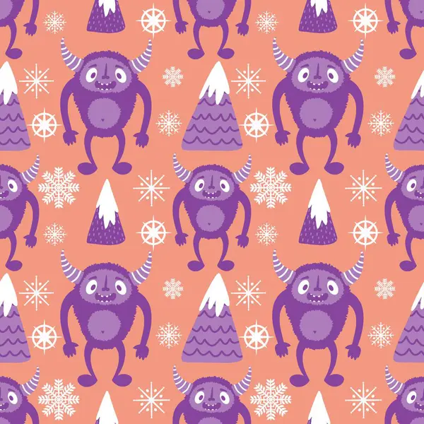 Kış canavarları, kağıt, kumaş, çarşaf ve çocuk giysileri baskısı ve yeni yıl ambalajı için kusursuz Noel Yeti desenleri. Yüksek kaliteli illüstrasyon