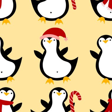 Noel hayvanları kağıt, kumaş, çarşaf, çocuk giysisi baskısı, yeni yıl ambalajı ve Noel kış ambalajı için kusursuz penguen desenleri. Yüksek kaliteli illüstrasyon