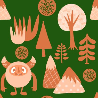 Kış canavarları, kağıt, kumaş, çarşaf ve çocuk giysileri baskısı ve yeni yıl ambalajı için kusursuz Noel Yeti desenleri. Yüksek kaliteli illüstrasyon