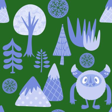 Kış canavarları, kağıt, kumaş, çarşaf ve çocuk giysileri baskısı ve yeni yıl ambalajı için kusursuz Noel Yeti desenleri. Yüksek kaliteli illüstrasyon