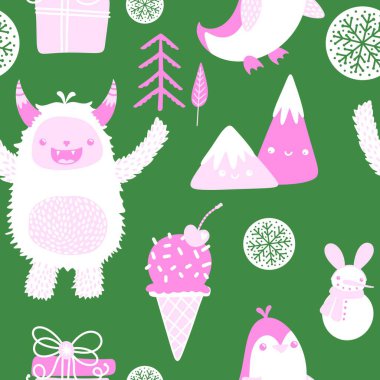 Kış canavarları, kağıt, kumaş, çarşaf ve çocuk giysileri baskısı ve yeni yıl ambalajı için kusursuz Noel Yeti desenleri. Yüksek kaliteli illüstrasyon