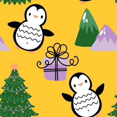 Noel hayvanları kağıt, kumaş, çarşaf, çocuk giysisi baskısı, yeni yıl ambalajı ve Noel kış ambalajı için kusursuz penguen desenleri. Yüksek kaliteli illüstrasyon